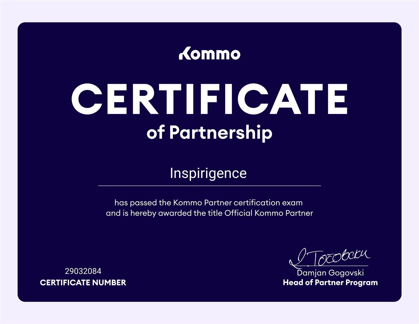 Certificat de partenariat officiel Kommo délivré à Inspirigence Consulting
